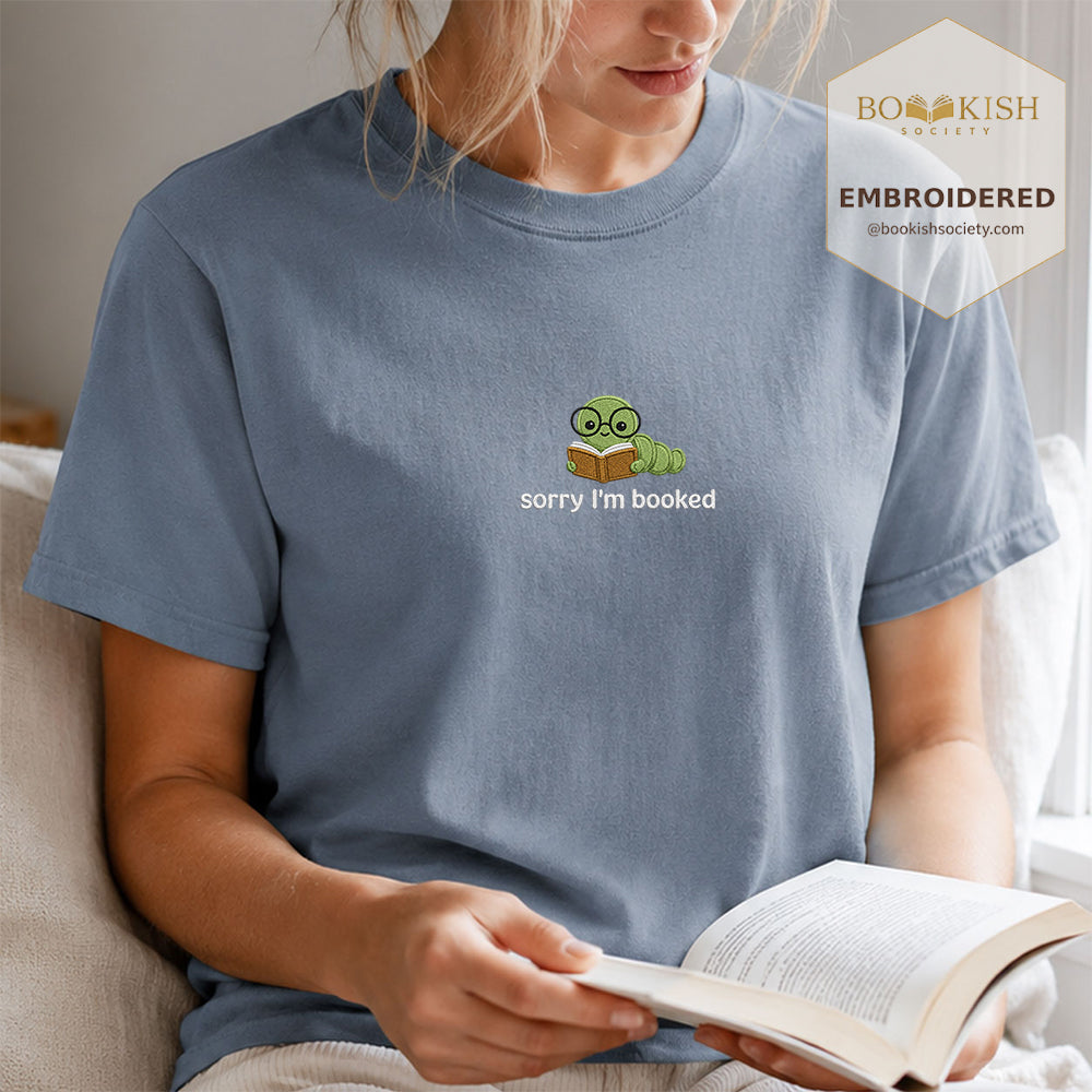 Sorry I'm Booked Embroidered Comfort Color® T-shirt | Book Lover Gift Blue Jean