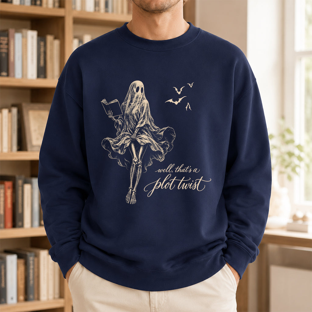 Funny Dress-Wearing Bookworm Ghost Printed Sweatshirt | Halloween Reader Gift Navy