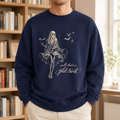 Funny Dress-Wearing Bookworm Ghost Printed Sweatshirt | Halloween Reader Gift Navy