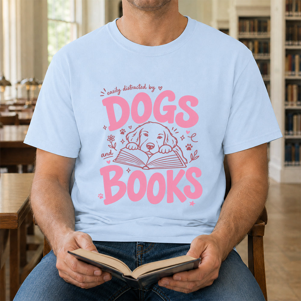 Easily Distracted by Dog and Books Cotton T-Shirt | Dogs Lover & Reader Gift Light Blue