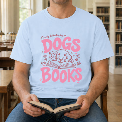 Easily Distracted by Dog and Books Cotton T-Shirt | Dogs Lover & Reader Gift Light Blue