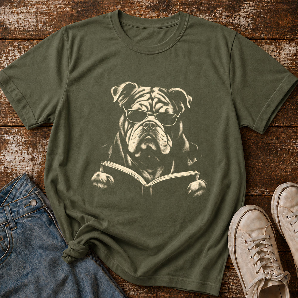 Bulldog Reading Book Softstyle T-Shirt | Book Lover Gift Military Green