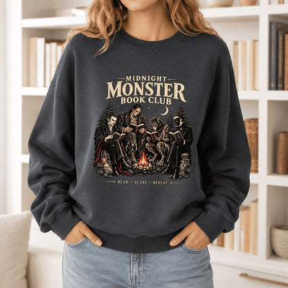 Midnight Monster Book Club Printed Sweatshirt | Halloween Book Lover Gift Dark Heather