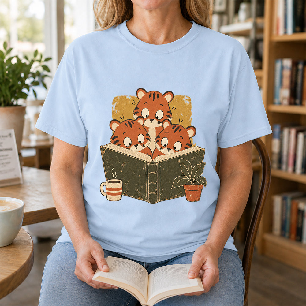 Minimal Japanese Tigers Reading Softstyle T-Shirt | Book Lover Gift Light Blue