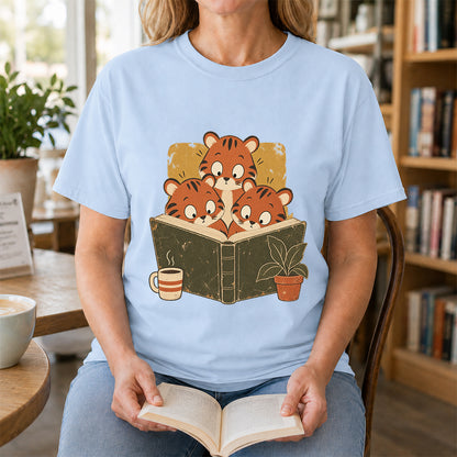 Minimal Japanese Tigers Reading Softstyle T-Shirt | Book Lover Gift Light Blue
