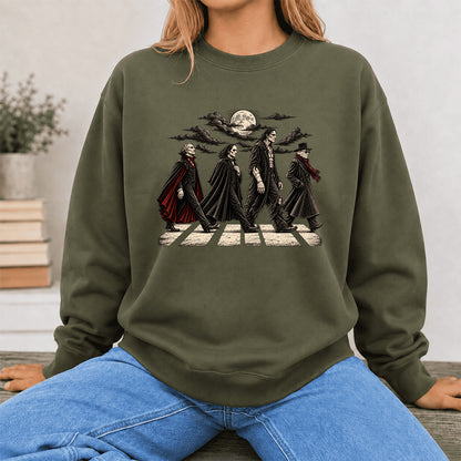 Monsters Road Printed Sweatshirt | Halloween Book Lover Gift Military Green
