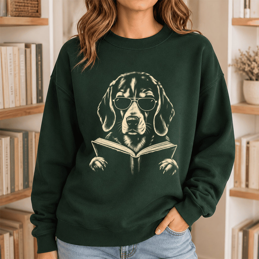 Beagle Reading Book Crewneck Sweatshirt | Reader Gift Forest Green