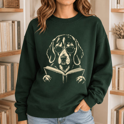 Beagle Reading Book Crewneck Sweatshirt | Reader Gift Forest Green