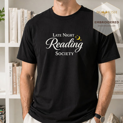 Late Night Reading Society Embroidered Comfort Color® T-shirt | Book Lover Gift Black