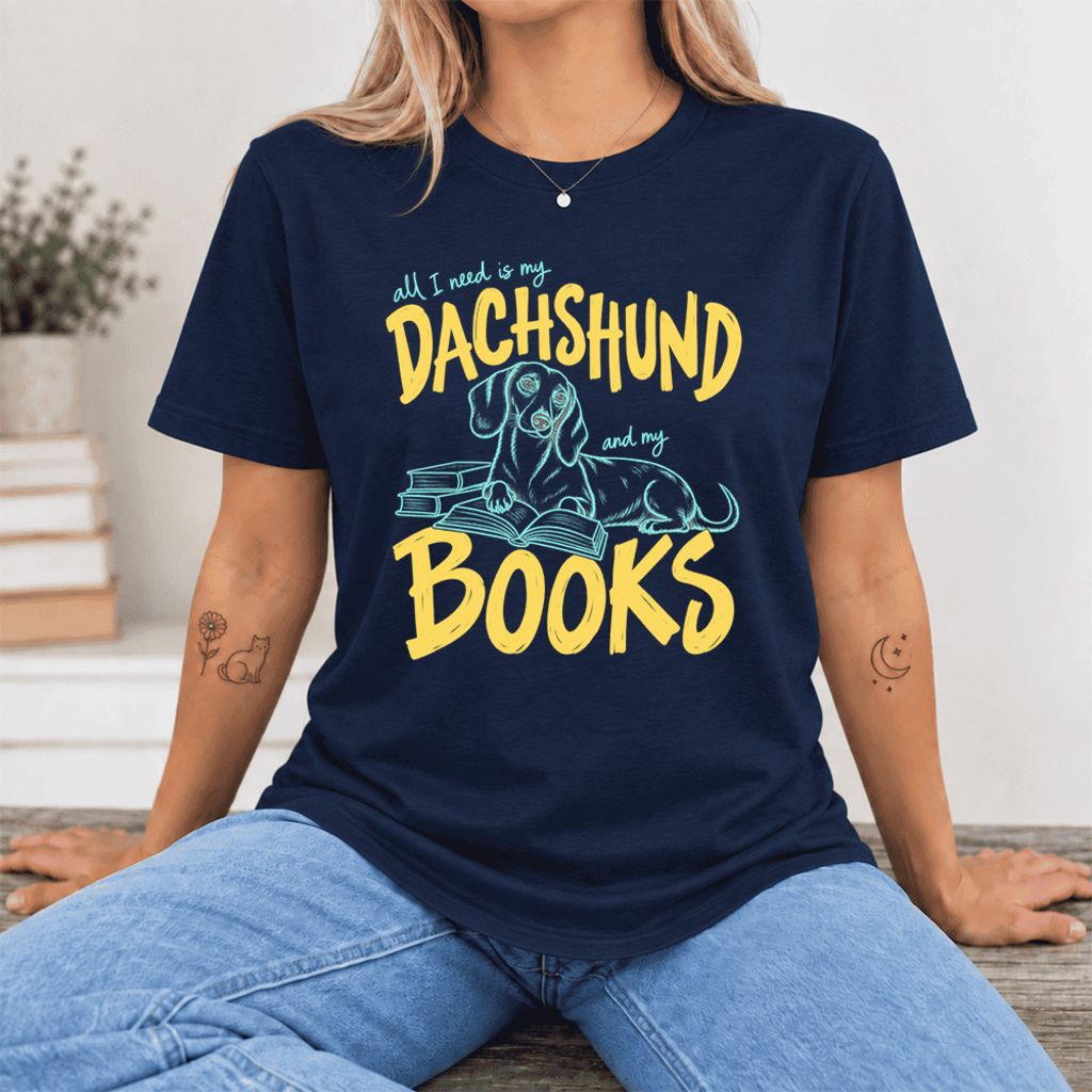 All I Need Is My Dachshund And My Books Ultra-Soft Cotton T-Shirt | Gift Navy