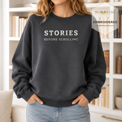 Stories Before Scrolling Embroidered Sweatshirt | Reader Gift Dark Heather
