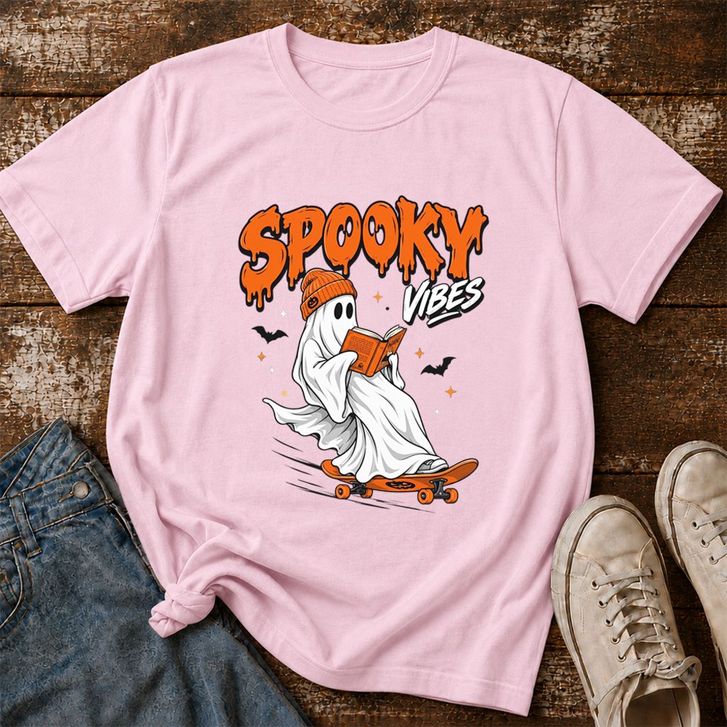 Spooky Vibes Printed T-Shirt | Halloween Book Lover Gift Light Pink