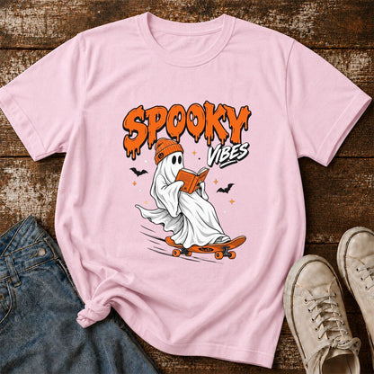 Spooky Vibes Printed T-Shirt | Halloween Book Lover Gift Light Pink