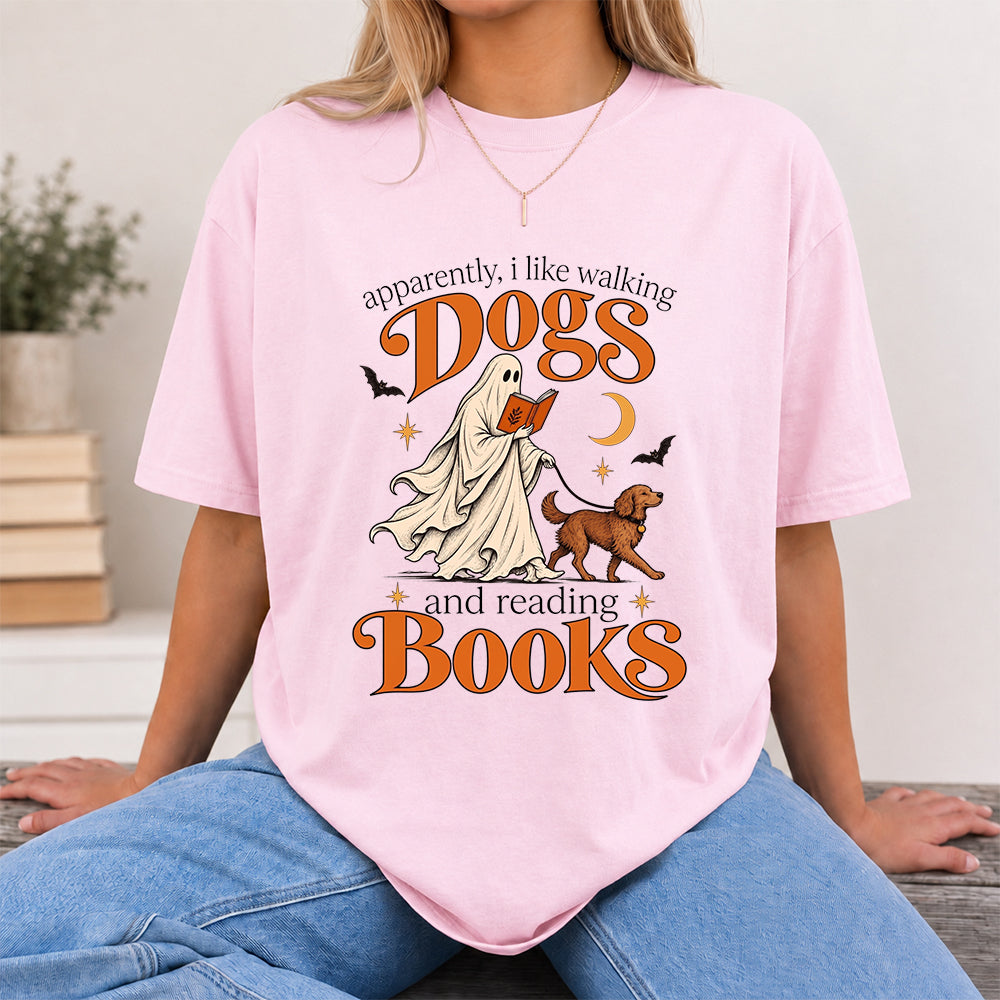 Apparently I Like Walking Dogs And Reading Books Printed T-Shirt | Halloween Dog Lover Reader Gift Light Pink
