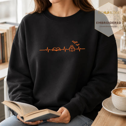 Reading Heartbeat Embroidered Sweatshirt | Spooky Halloween Book Lover Gift Black