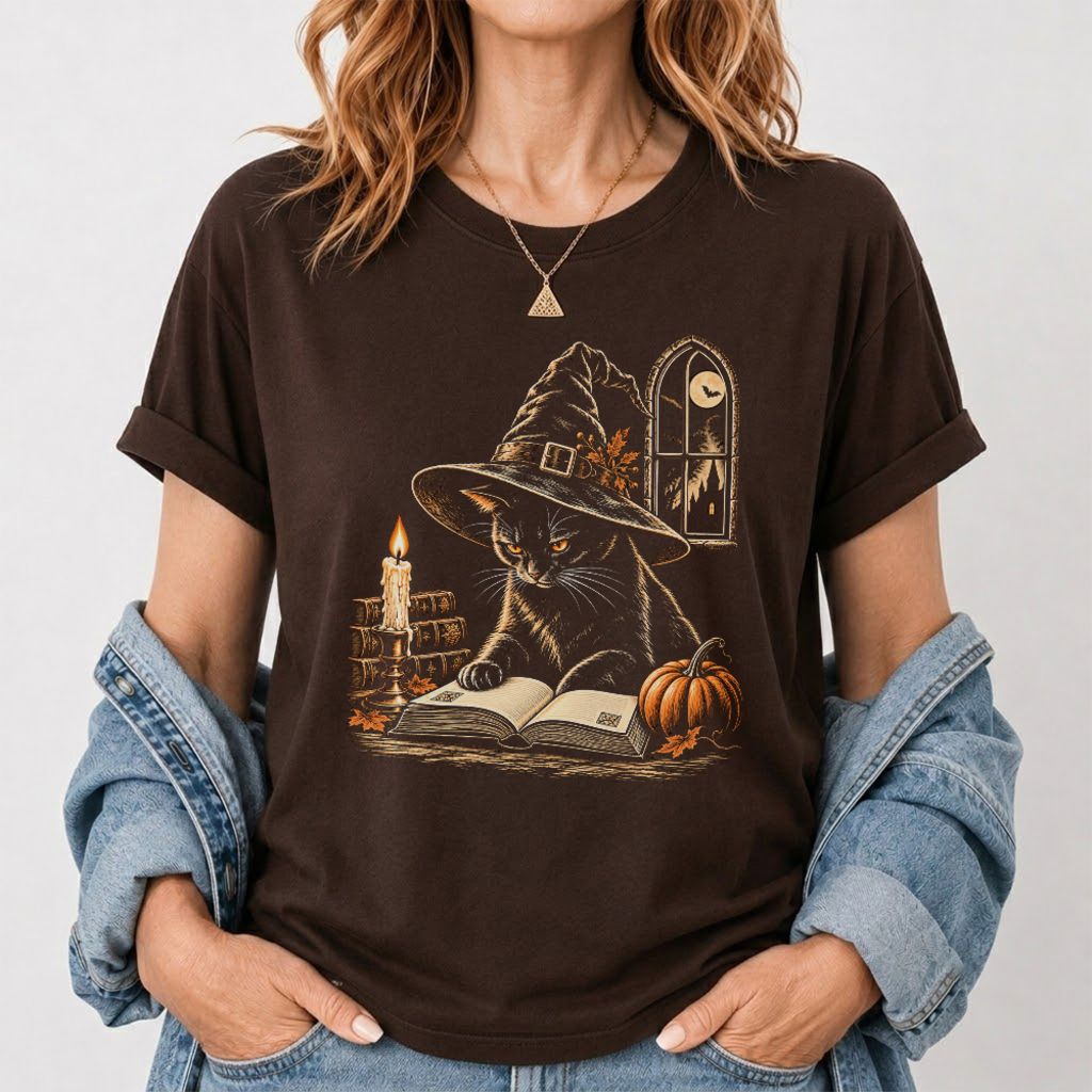 Reading Black Cat Witch Printed T-Shirt | Halloween Book Lover Gift Dark Chocolate