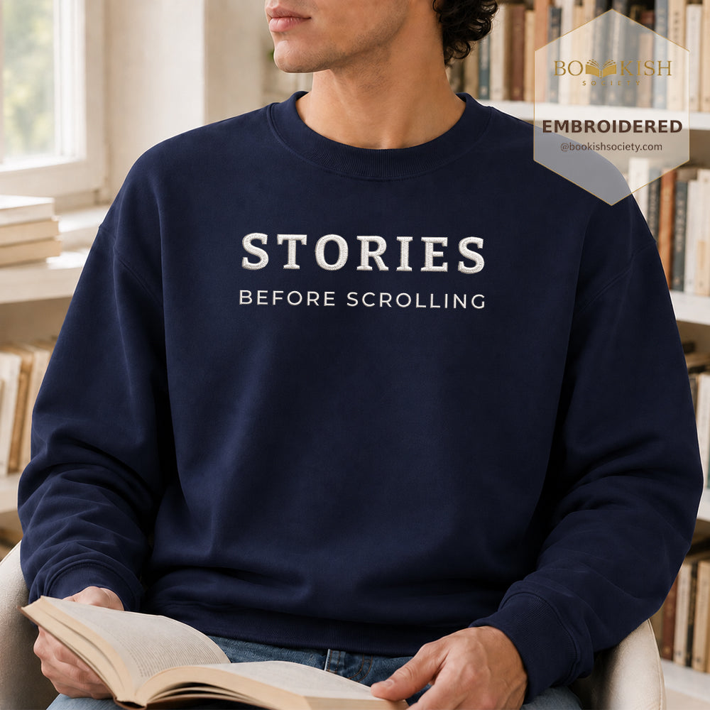 Stories Before Scrolling Embroidered Sweatshirt | Reader Gift Navy