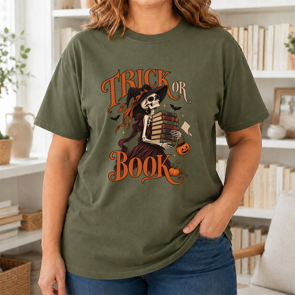 Trick Or Book Lady Printed T-Shirt | Halloween Book Lover Gift Military Green