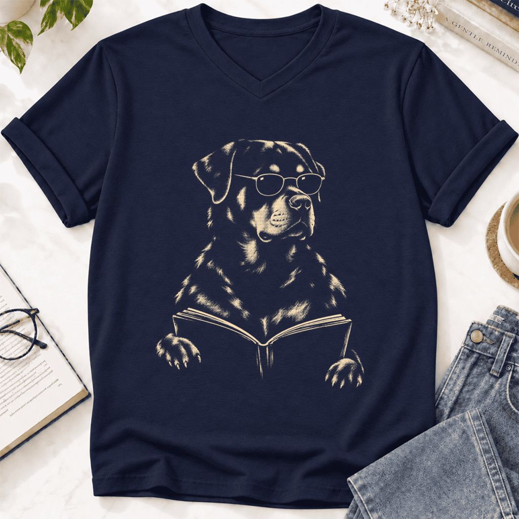 Rottweiler Reading Book Ultra-Soft V-Neck | Dog Mom Reader Gift Navy