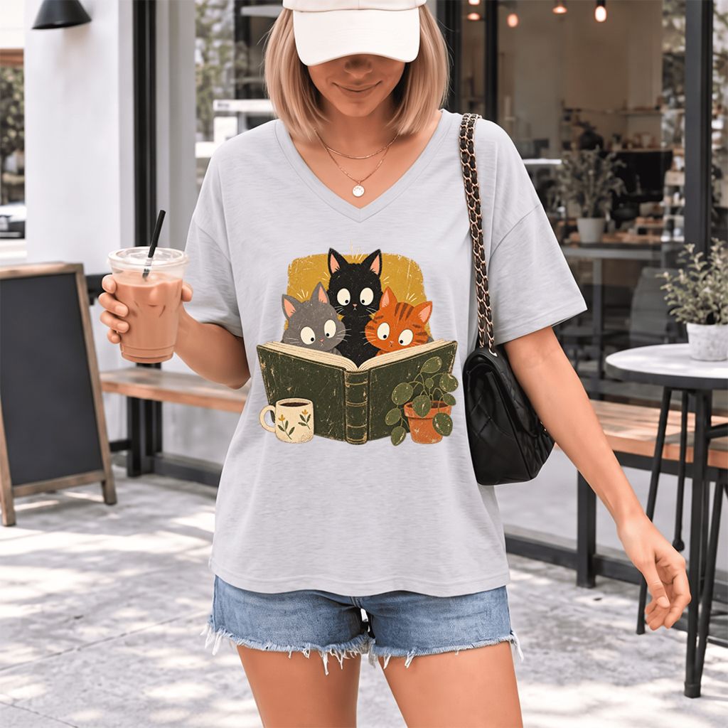 Curious Reading Cats Ultra-Soft V-Neck | Cat Lover Reader Gift Ash