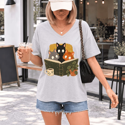 Curious Reading Cats Ultra-Soft V-Neck | Cat Lover Reader Gift Ash