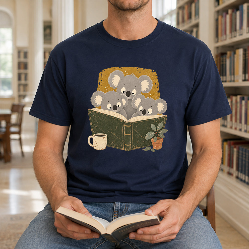 Minimal Japanese Koalas Reading Softstyle T-Shirt | Book Lover Gift Navy
