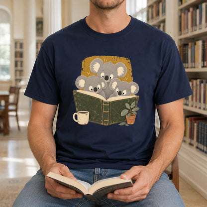 Minimal Japanese Koalas Reading Softstyle T-Shirt | Book Lover Gift Navy