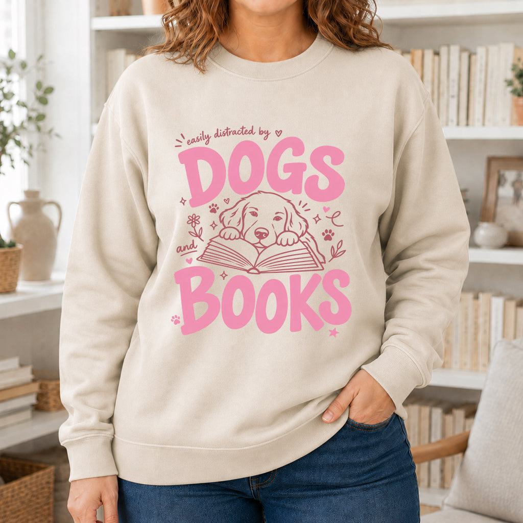 Easily Distracted By Dog And Books Crewneck Sweatshirt | Dog Lover & Reader Gift Sand