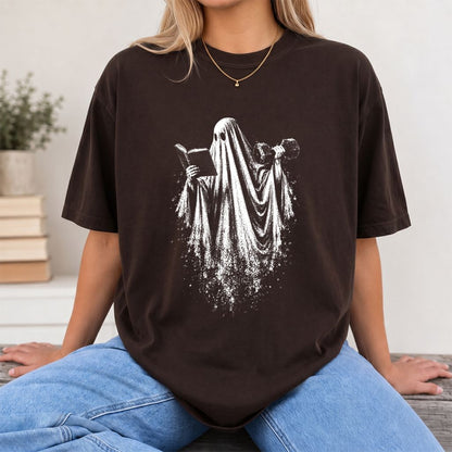 Reading Gym Ghost Printed T-Shirt | Halloween Book Lover Gift Dark Chocolate