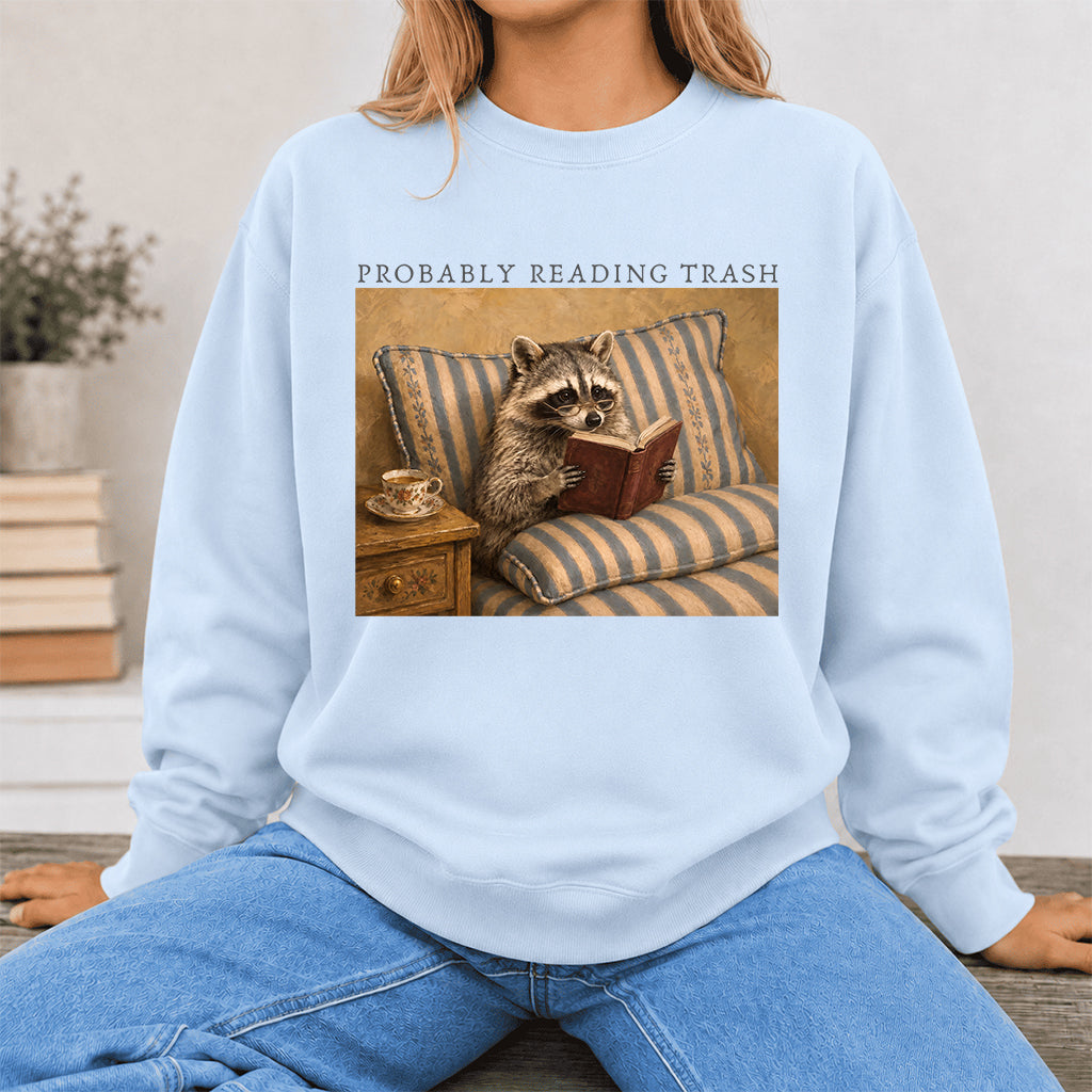Probably Reading Trash Racoon Crewneck Sweatshirt | Reader Gift Light Blue