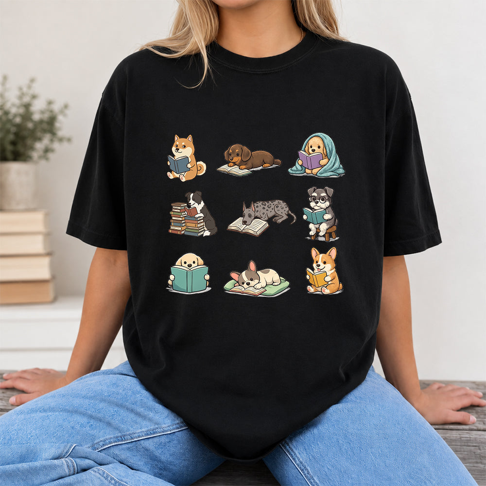 Funny Dogs Reading Softstyle T-Shirt | Book Lover Gift Black