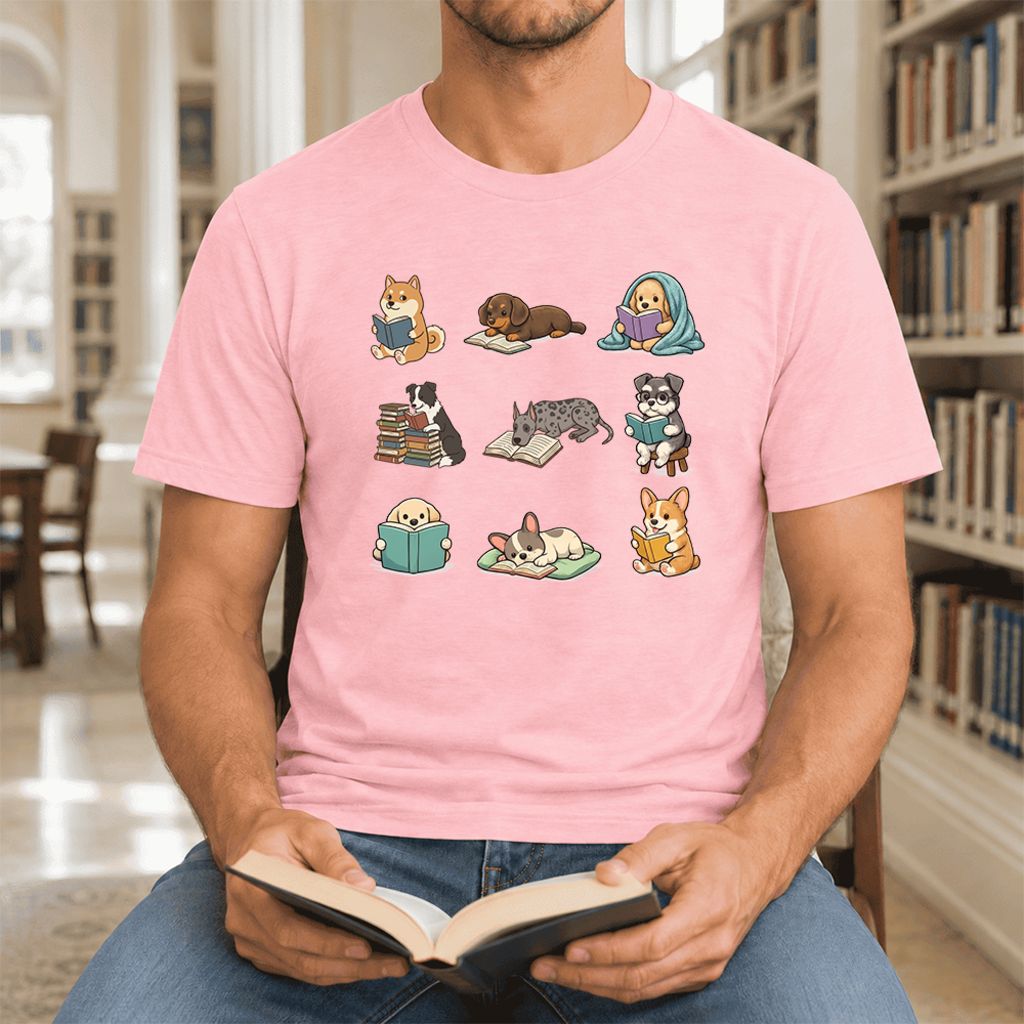 Funny Reading Dogs Ultra-Soft Cotton T-Shirt | Dog Mom Reader Gift Pink