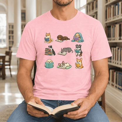 Funny Reading Dogs Ultra-Soft Cotton T-Shirt | Dog Mom Reader Gift Pink
