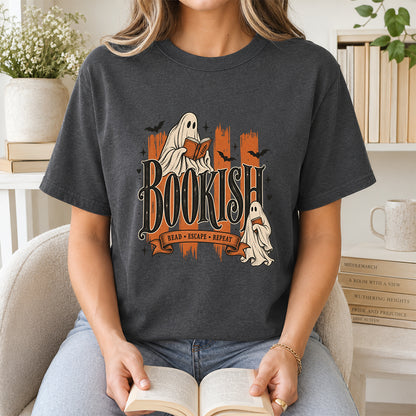 Bookish Read Escape Repeat Printed T-Shirt | Halloween Book Lover Gift Dark Heather