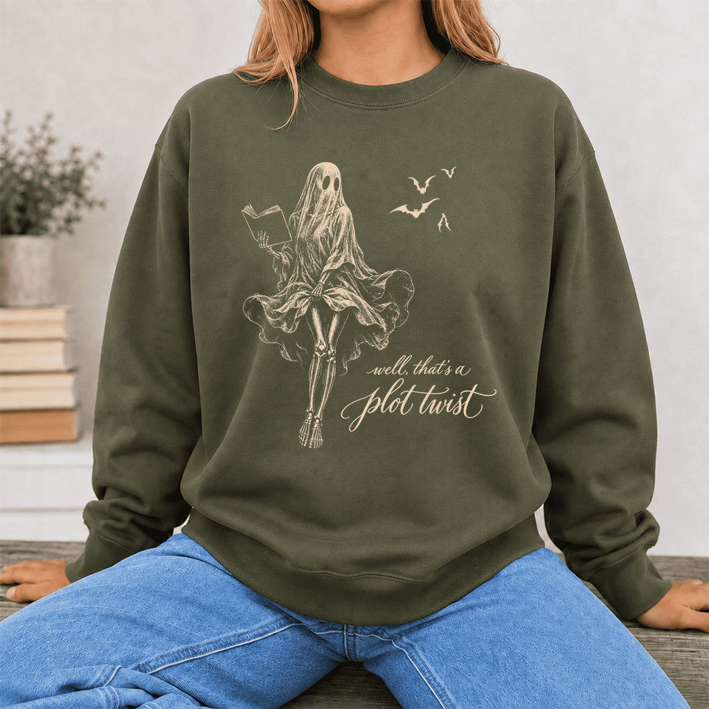 Funny Dress-Wearing Bookworm Ghost Printed Sweatshirt | Halloween Reader Gift Military Green