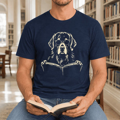 Golden Retriever Reading Book Ultra-Soft Cotton T-Shirt | Dog Mom Reader Gift Navy