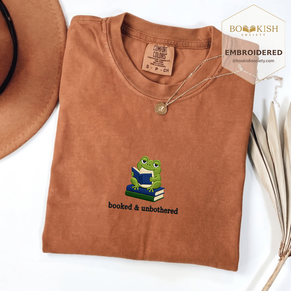 Booked and Unbothered Embroidered Comfort Color® T-shirt | Book Lover Gift Yam