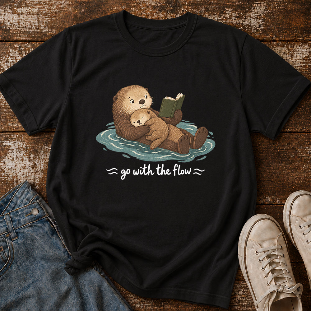 Go With The Flow Otter Reading Softstyle T-Shirt | Book Lover Gift Black