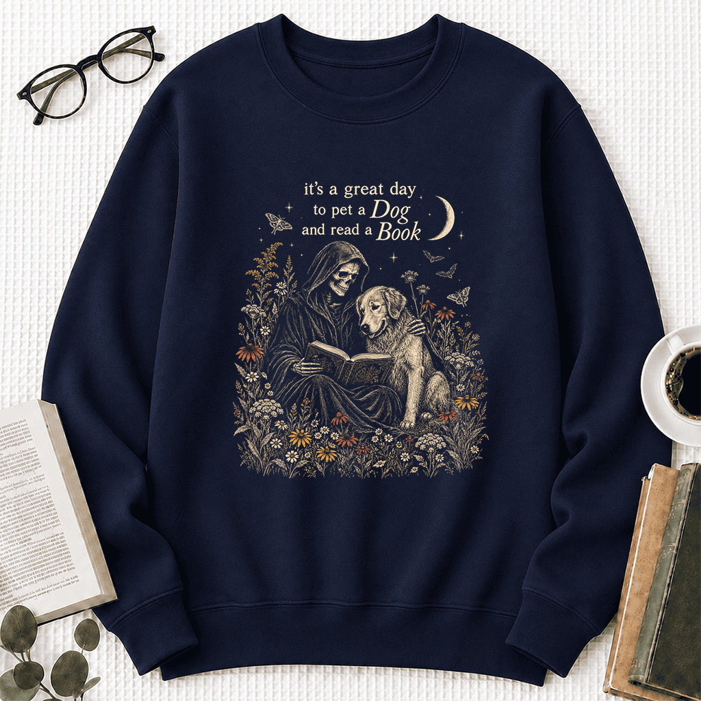 It's A Great Day To Pet A Dog And Read A Book Crewneck Sweatshirt | Gift Navy