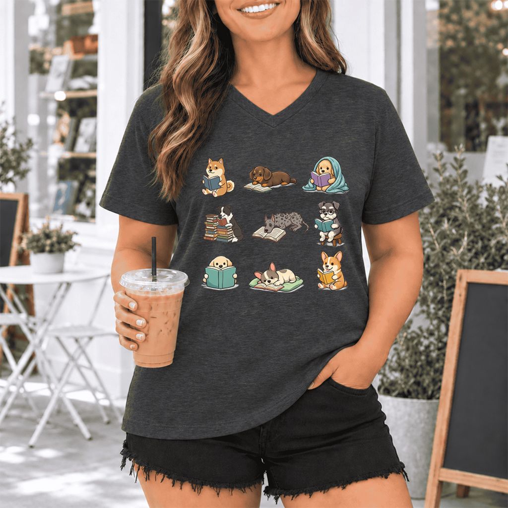 Funny Reading Dogs Ultra-Soft V-Neck | Dog Mom Reader Gift Dark Grey Heather