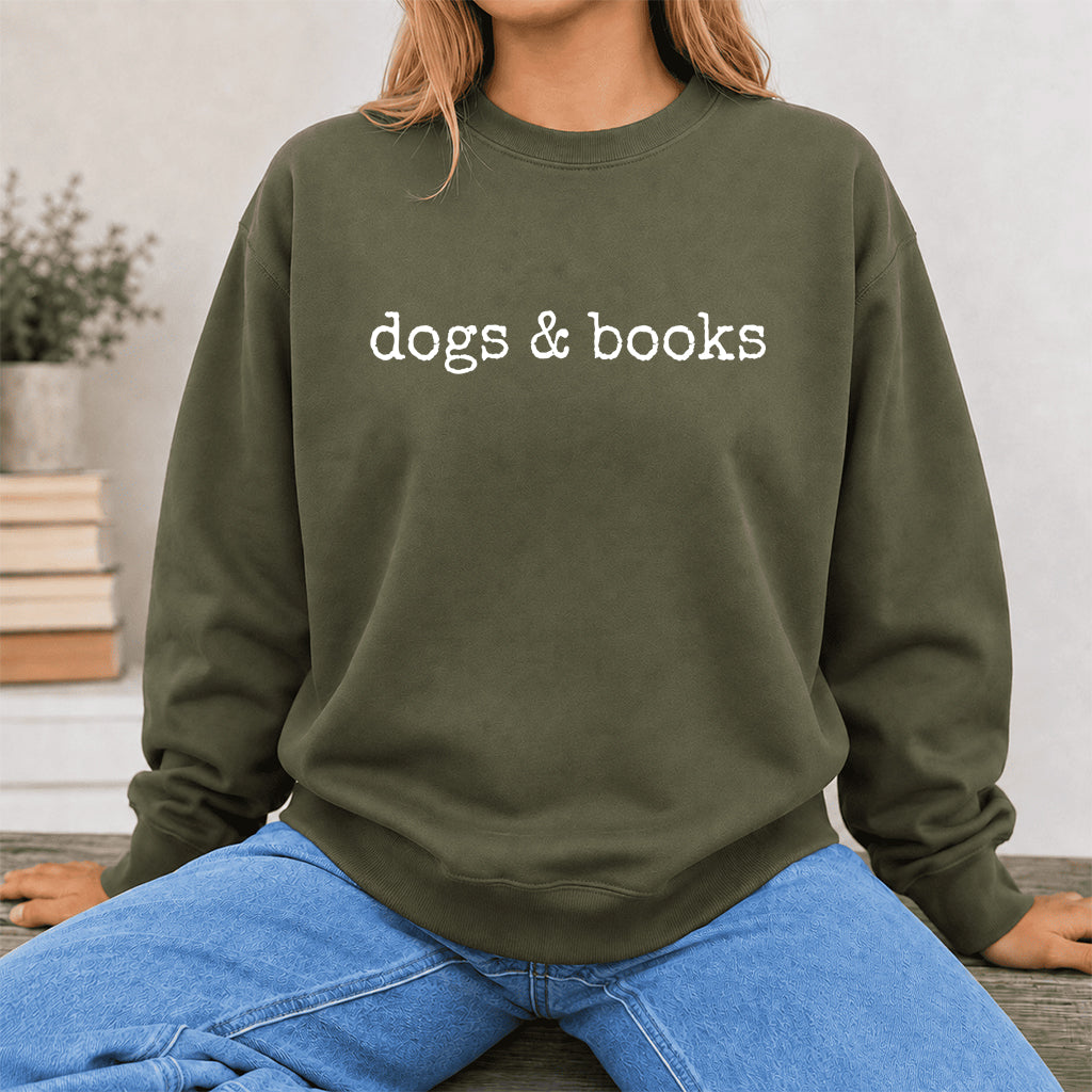 Dogs & Books Crewneck Sweatshirt | Dog Lover & Reader Gift Military Green