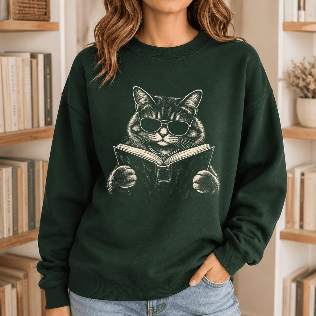 Cat Reading Book Crewneck Sweatshirt | Reader Gift Forest Green