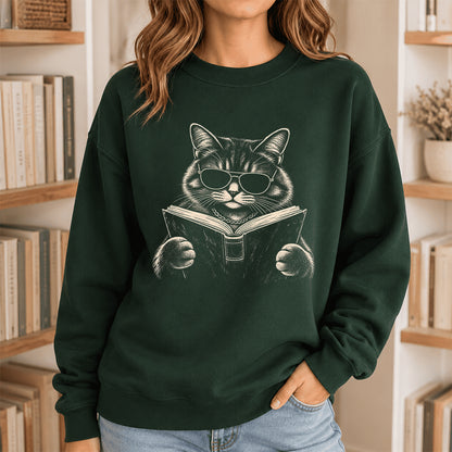 Cat Reading Book Crewneck Sweatshirt | Reader Gift Forest Green