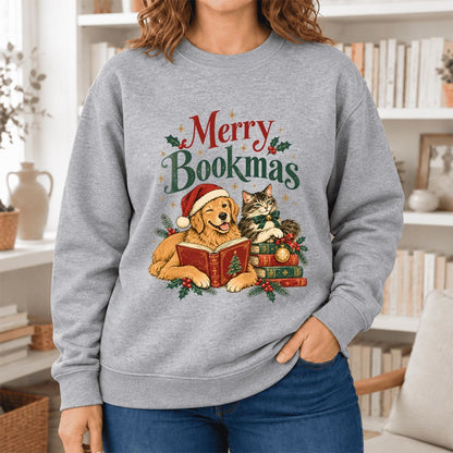 Merry Bookmas Softstyle Sweatshirt | Christmas Book Lover Gift Sport Grey