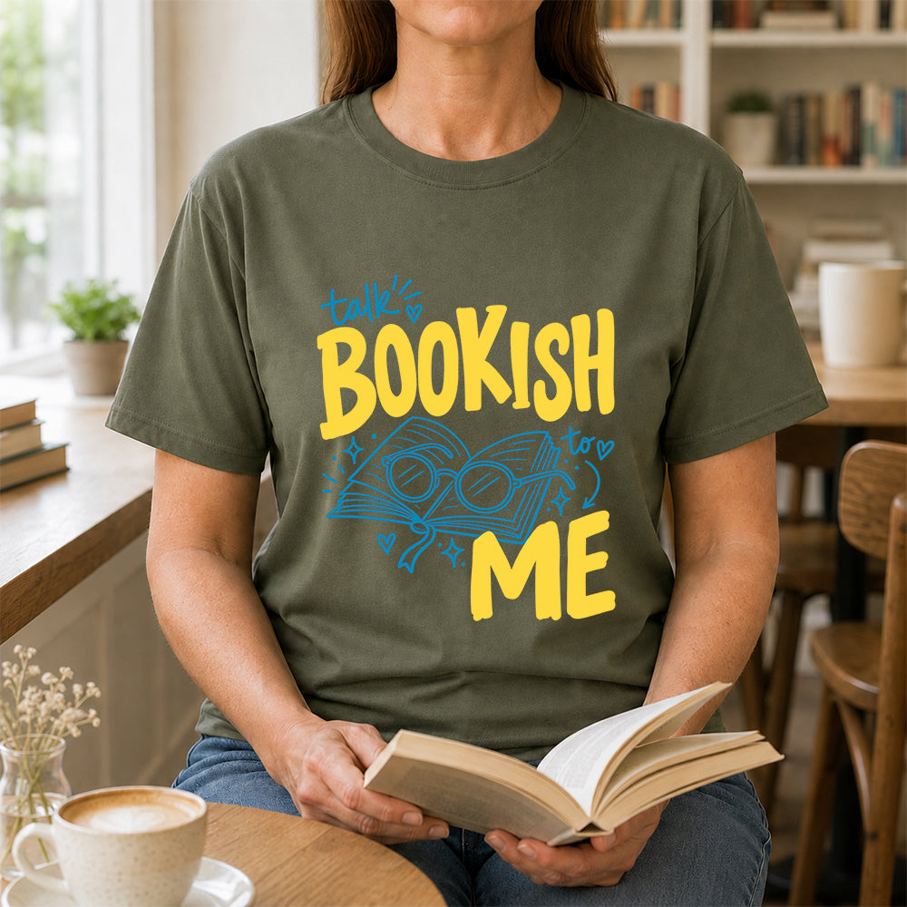 Talk Bookish To Me Cotton T-Shirt | Book Lover Gift Military Green