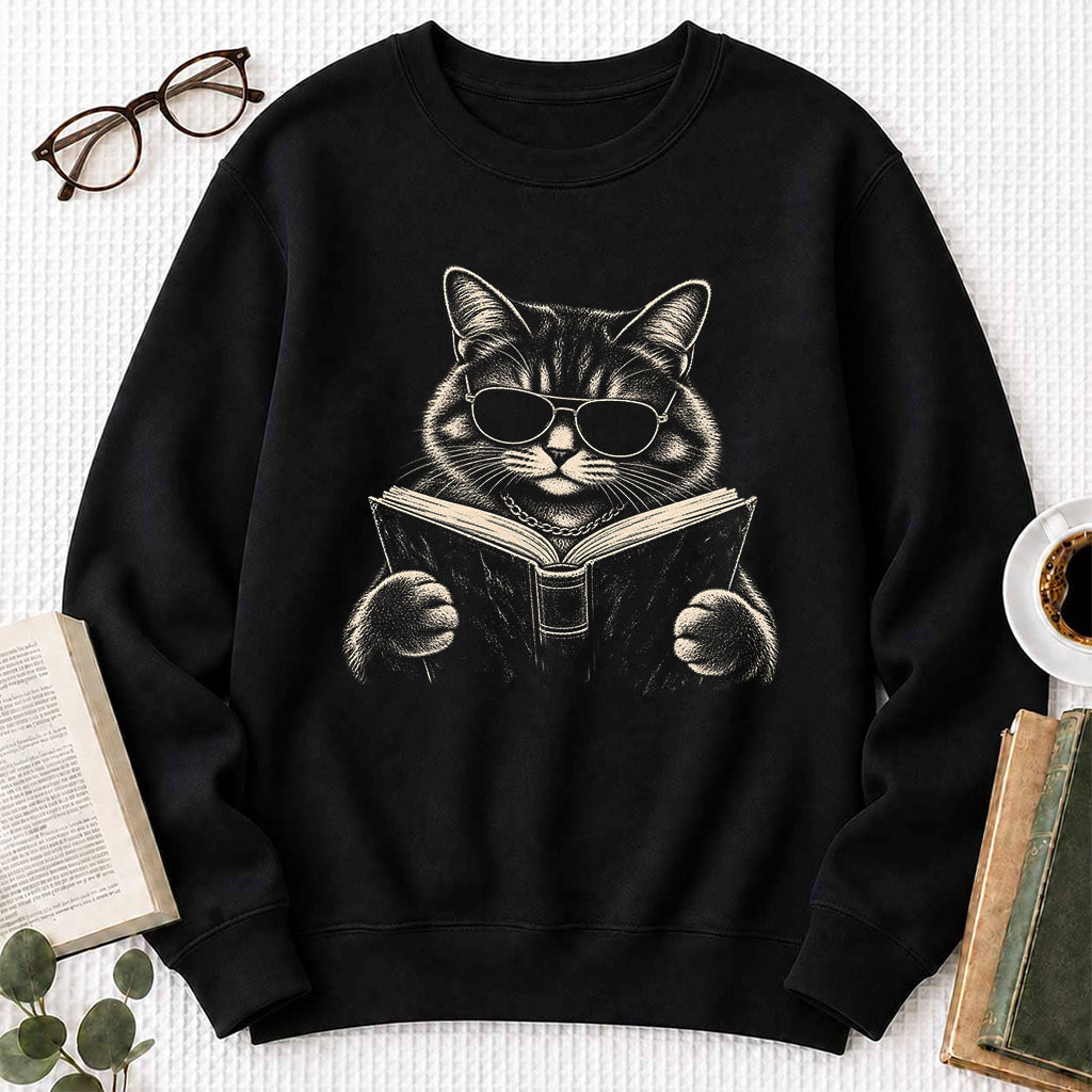 Cat Reading Book Crewneck Sweatshirt | Reader Gift Black