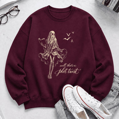Funny Dress-Wearing Bookworm Ghost Printed Sweatshirt | Halloween Reader Gift Maroon