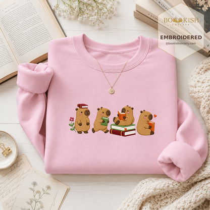 Reading Capybaras Embroidered Sweatshirt | Reader Gift Light Pink