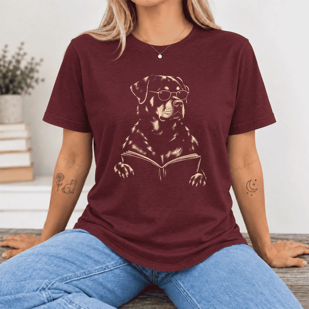 Rottweiler Reading Book Ultra-Soft Cotton T-Shirt | Dog Mom Reader Gift Maroon