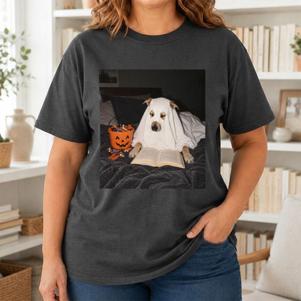 Cute Reading Ghost Dog Printed T-Shirt | Halloween Book Lover Gift Dark Heather